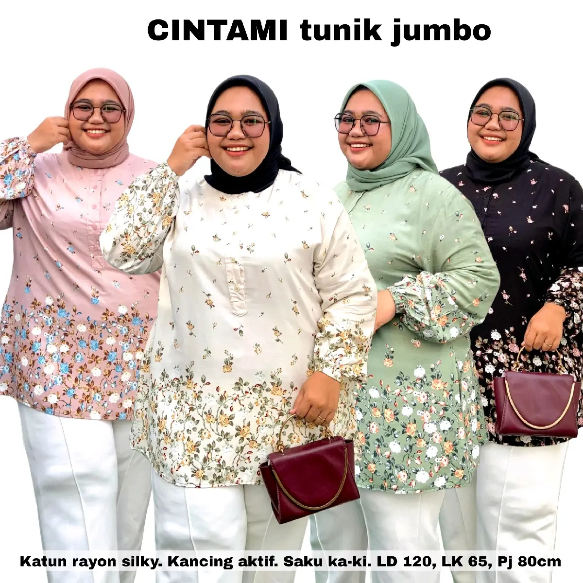 Atasan Muslimah Cintami Blouse Jumbo LD120 Tunik Rayon Silky Busui Kancing Aktif Motif Bunga Arsya