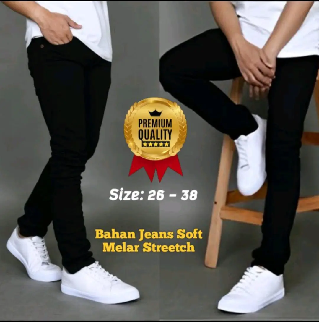Celana Jeans Panjang Pria Lelaki Dewasa Pensil Pencil Slimfit Slimpit Slim fit Skinny Stretch Street Strit Melar Karet . Denim  Hitam