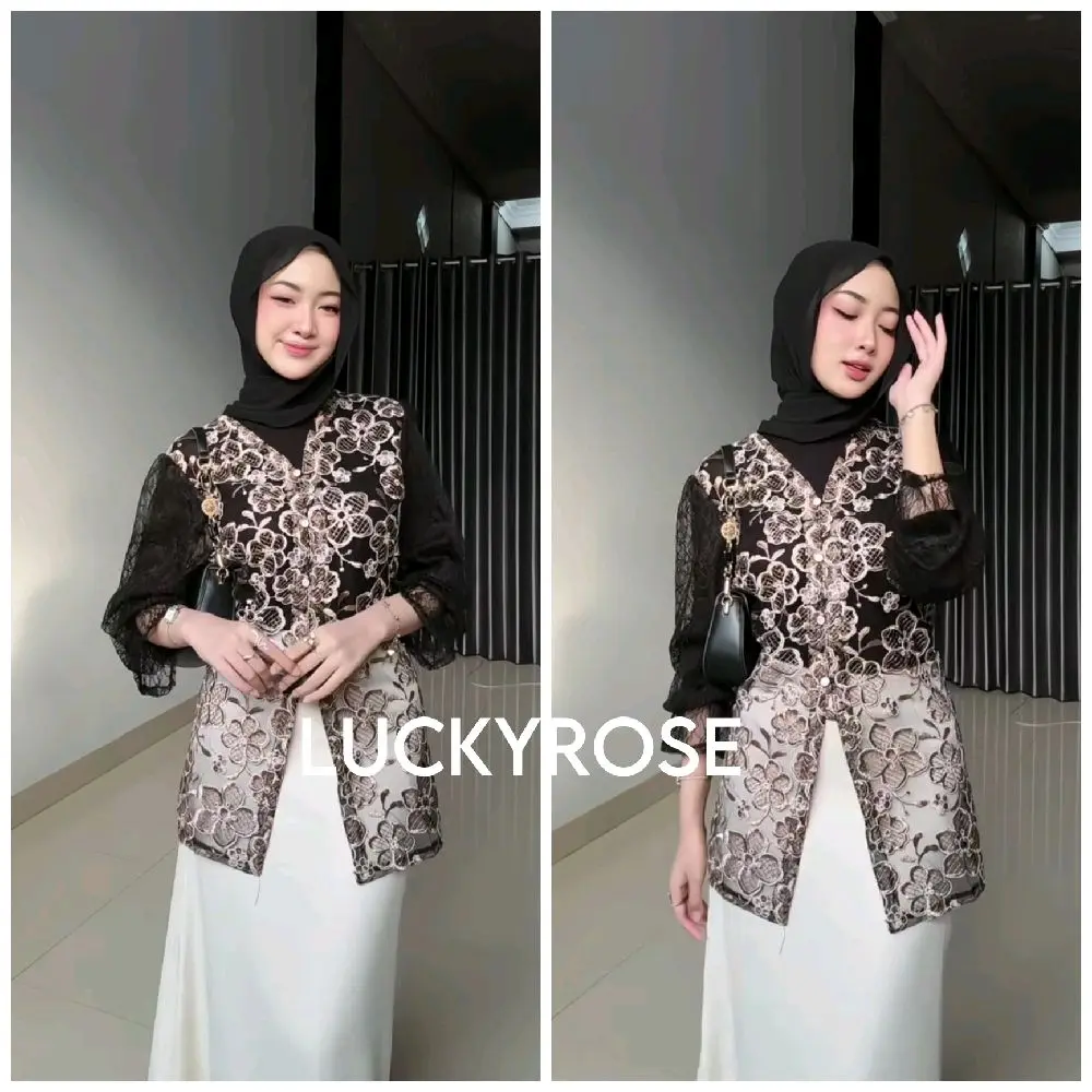 Rocu Outer Tunik Brukat Cardigan Brokat Lengan Pendek atasan outher brukat Outer Brokat Kondangan Lebaran Outer Brocade outer Tulle outer Organza outer renda tunik tulle tunik renda tunik brokat tunik brukat tunik putih Organza outer hitam putih