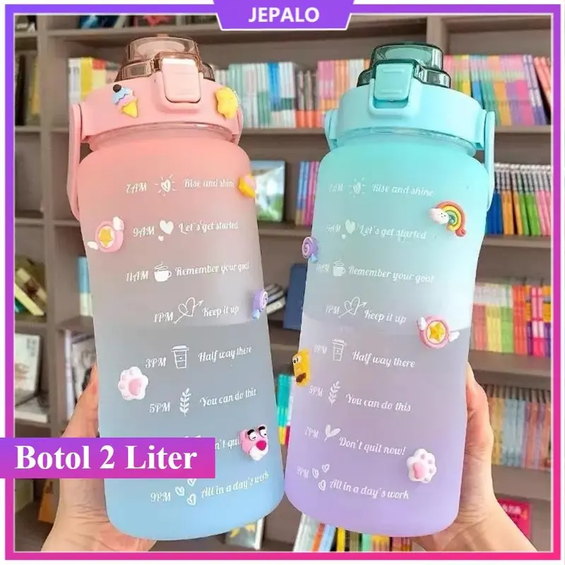 BOTOL MINUM KEKINIAN 2 LITER 2000ML  BOTOL MINUM TRANSPARAN KOREA BOTOL AIR MINUM MOTIVASI JEPALO MAKASSAR Minuman Putih 0