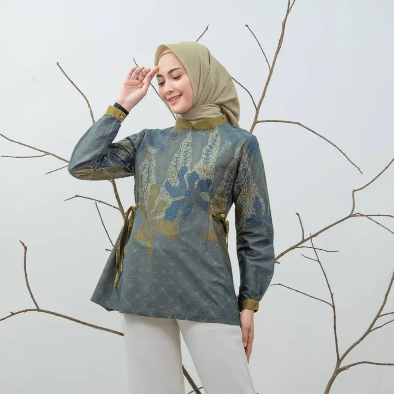 Baju Batik Wanita Lengan Panjang Motif Amanda Modern Monalisa Genes Blouse Bahan Katun Basic Asli Pekalongan 0