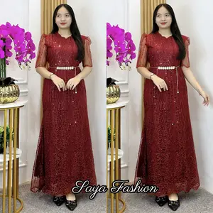 Longdress Tile Full Bordir Payet Blink Free Belt Gaun Maxi Pesta Wanita 20190 13