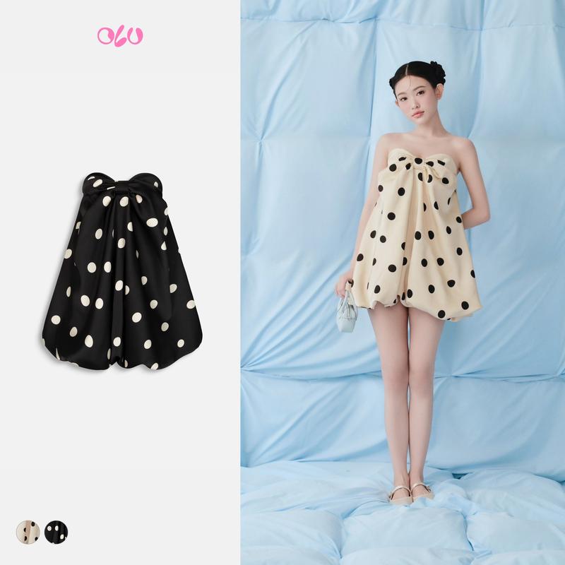  Đầm babydoll bí cúp ngực chấm bi đính nơ bồng bềnh điệu đà Dot Silky Puff Cup Dress nhiều màu OLV 
