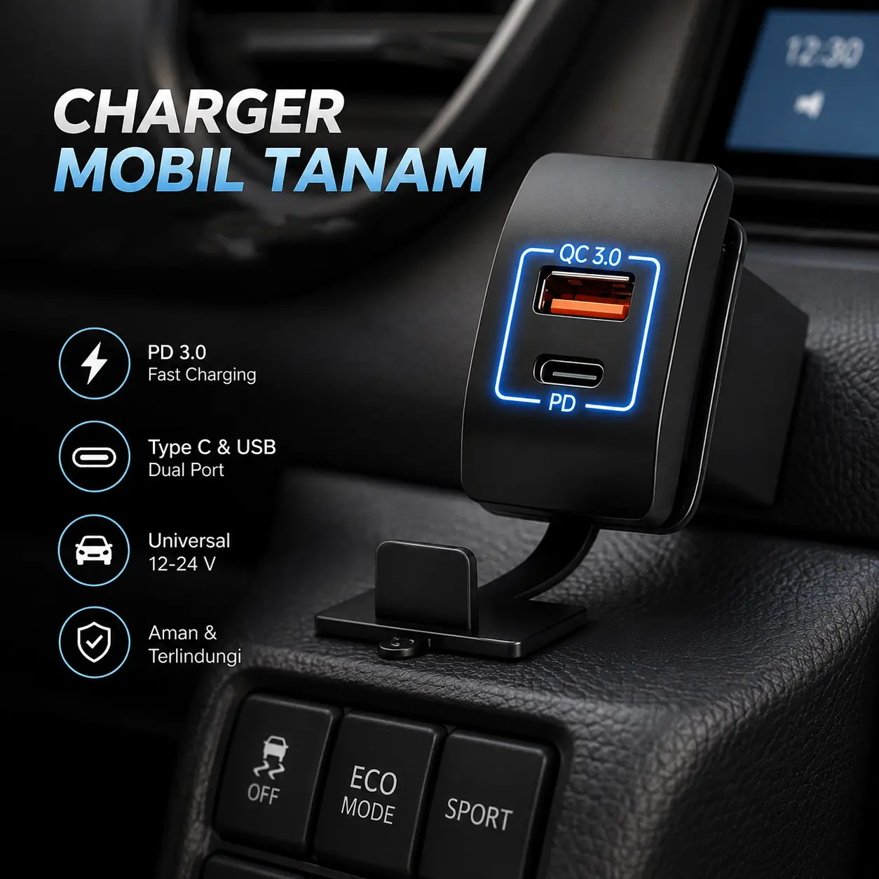 Awdy Car Charger Mobil Tanam USB Type C Fast Charging PD QC 3.0 - A20