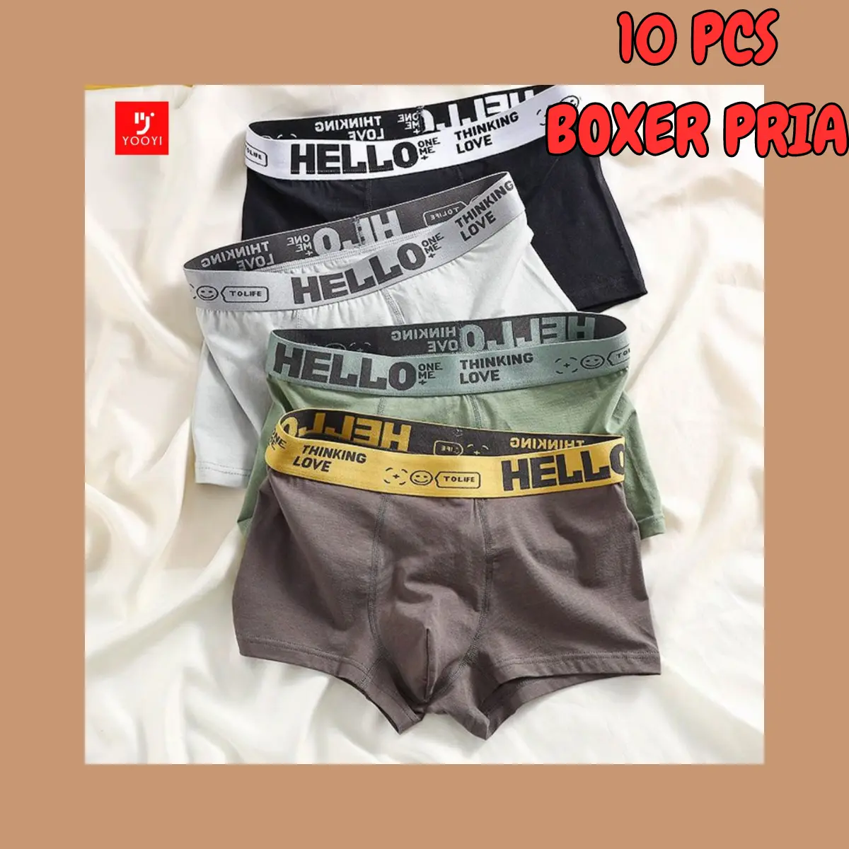 Yooyi Bundle 5Pcs/10Pcs Boxer Celana Dalam Pria Dewasa Fashion Men Hello High Quality Remaja Jumbo Sampan Katun Bahan Adem Lembut 3XL 4XL 018 boxer  priamurah