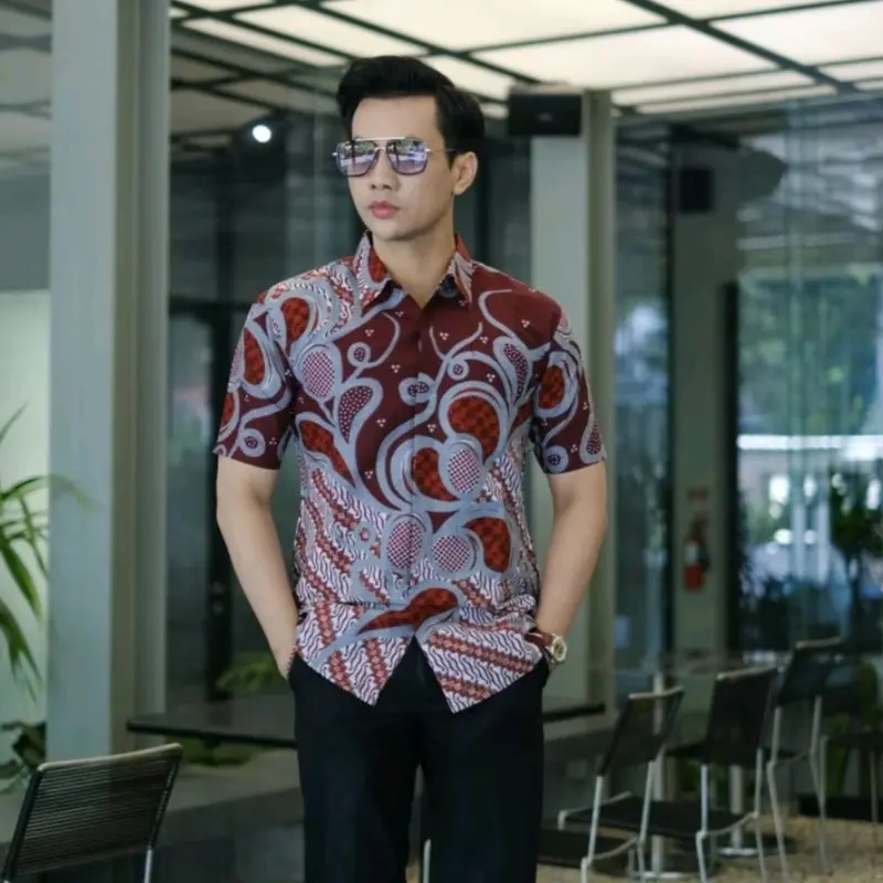 bergundi atasan kemeja batik pria lengan pendek slim fit lapis furing halus bahan katun solo halus Baju Dewasa Santai Hem 0