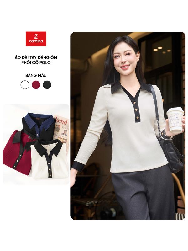  Áo polo nữ CARDINA chất liệu tăm hạt gạo dáng ôm dài tay 5AFD03 