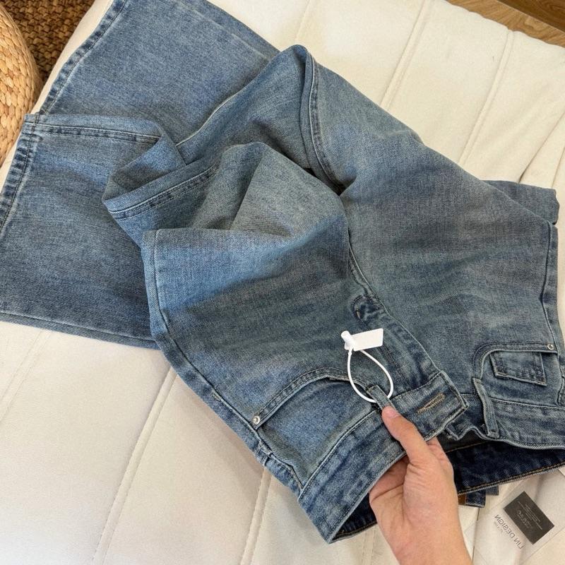 [Q100]Quần jean nữ dáng suông lưng cao 94-95cm trơn màu XANH ĐẬM tôn dáng nấm lùn