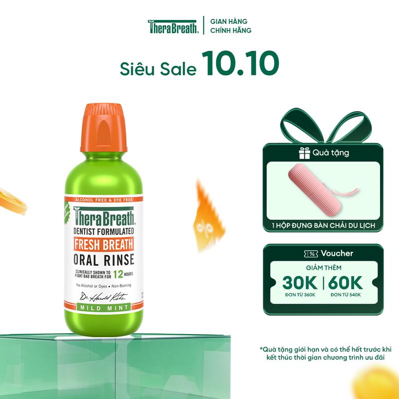 TheraBreath Nước Súc Miệng Không Cồn 473ml - Vị Mild Mint không cay - Làm sạch và thơm miệng cho răng miệng nhạy cảm