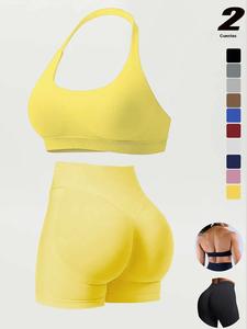 Conjunto de Shorts de correr de cintura alta para mujer, Bras deportivo sin costuras y elástico con almohadillas removibles, Leggings lisos ajustados para gimnasio para todas las estaciones