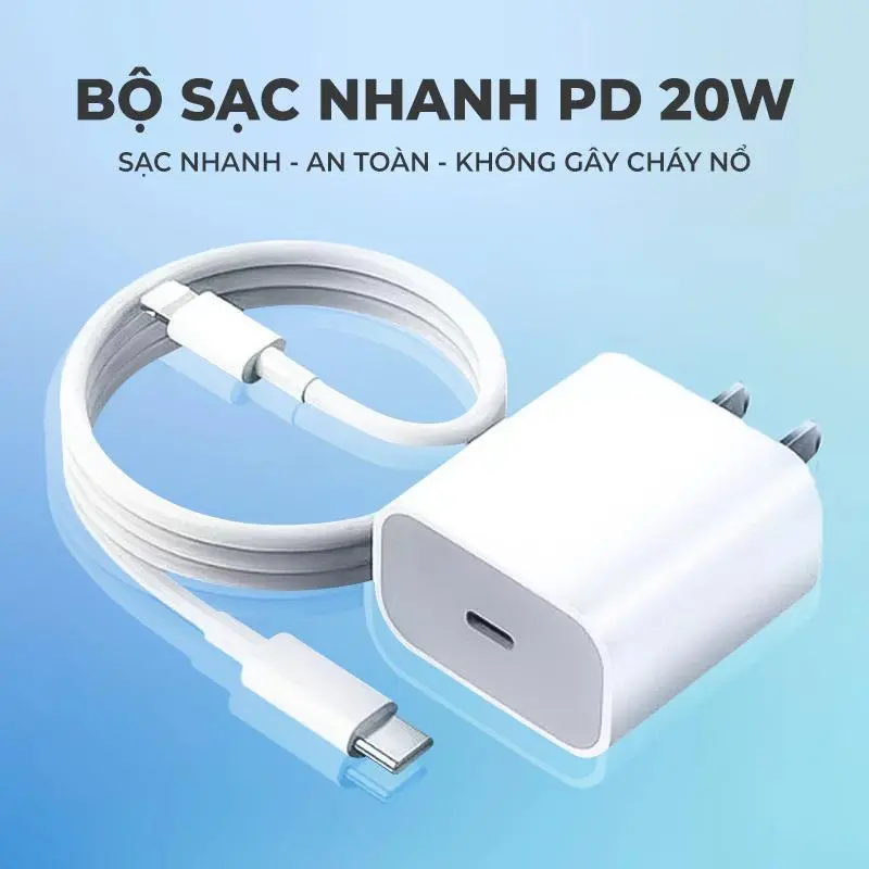 Bộ Sạc Nhanh Cho IP 20W Type-C To Lightning Gồm Củ Và Cáp Sạc Nhanh Cho Điện Thoại 8-14prm, Đo 30 phút đầy đủ 60 %, Bảo Hành Đổi Mới 3 Tháng cuc  sac