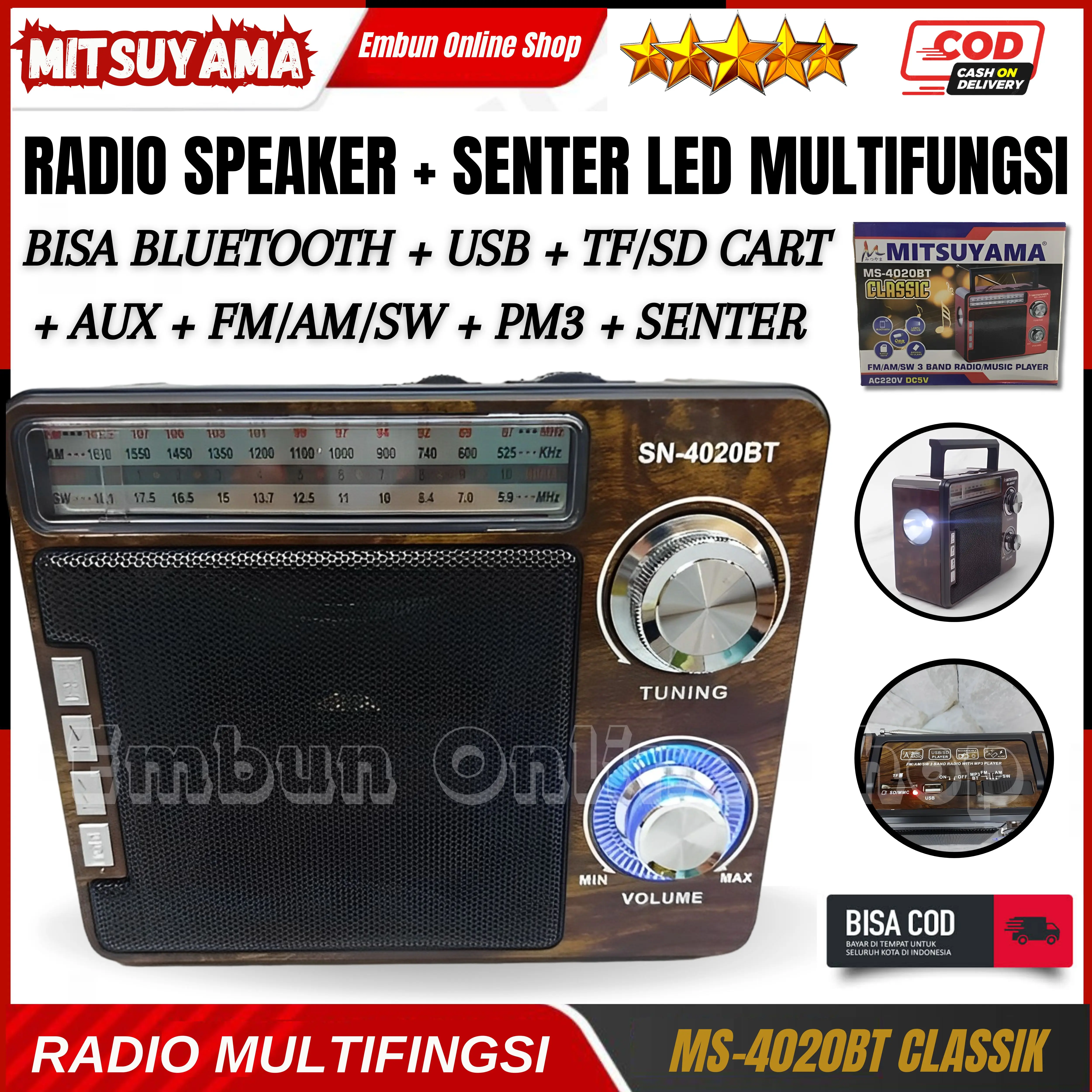 Radio Clasik / Jadul Mitsuyama MS-4020BT Classic Bisa Bluetooth + Usb + Tf / Sd Cart + Aux + Fm / Am / Sw 3 band + Mp3 Player + Senter / Radio Bluetooth Jadul ~ Embun Online Store