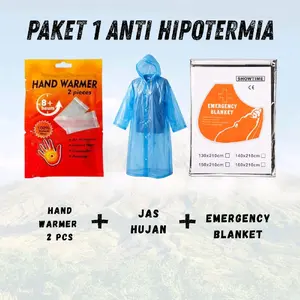 Paket 1 Anti Hipotermia Outdoor Survival | Hand Warmer 2pcs, Jas Hujan, Emergency Blanket 3 in 1