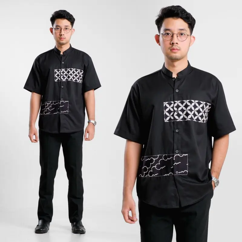 Kemeja Batik Pria Katun Lengan Pendek Casual Kombinasi Motif Modern Baju Kantor Muslim Koko 0