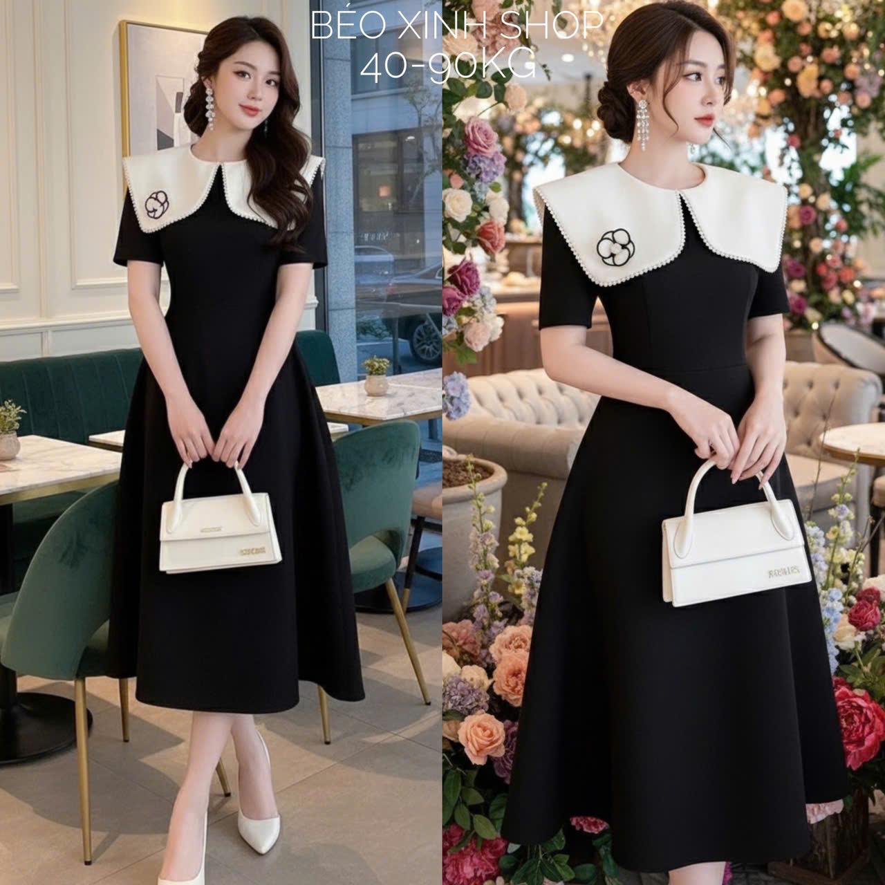 Váy Dự Tiệc Nữ Tay Ngắn Cổ Bèo Phối Hoa Vải Cotton Lạnh Cao Cấp Thanh Lịch Bigsize 40–90kg Thời Trang Nữ Béo Xinh Shop - A.1619
