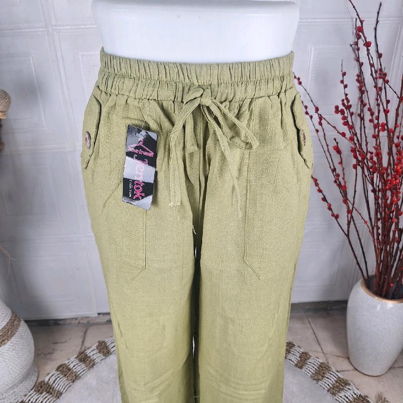 Celana Kulot Cewek Bahan Linen Saku Samping Model Tempel Variasi Kancing Panjang 4