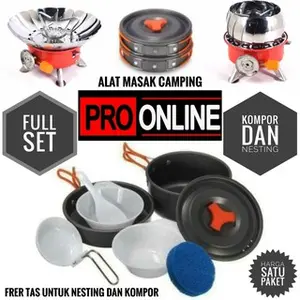 Paket Cooking set 2-3 Orang + Kompor Portable Dan Windproof - Mawar Atau Kotak - Alat Masak 2 Susun Camping