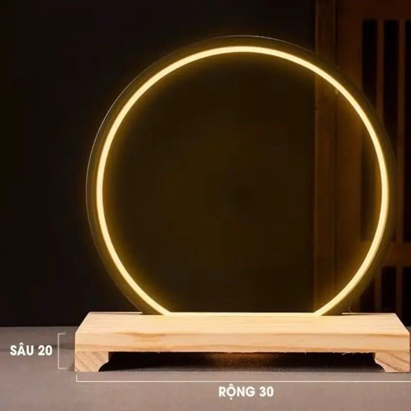 Kệ đèn led tròn đế kim loại - đế gỗ hào quang trang trí chỉnh được 3 màu 3