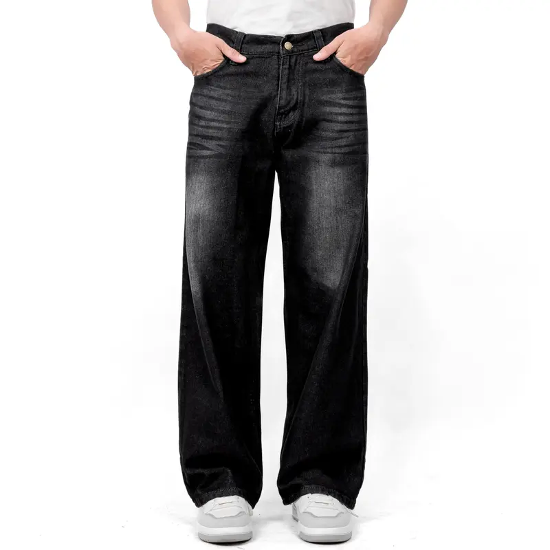 Gizmo - Celana Jeans Wide Leg Wisker Lebar Gombrong Skena Black Wisker pria loose Straight   fit jumbo big keren Bahan Denim Nyaman Oversize Panjang Santai Hitam Dark Casual 0