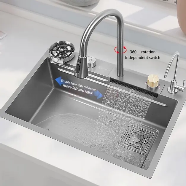 Sink Dapur Stainless 304 Matte Abu-abu Waterfall Grey Luxury Bak Cuci Piring Modern