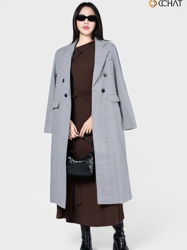  Áo Măng Tô Nữ CCHAT Dáng Suông Dài Túi Cơi Chất Dạ 24MDZ2005ST 
