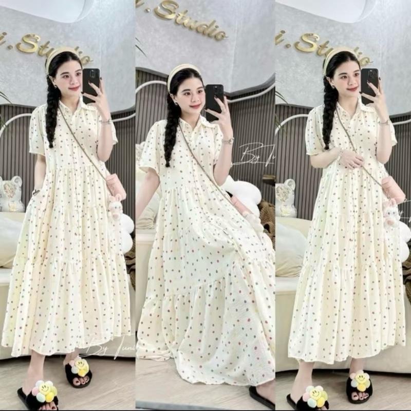   M68 qua gối Đầm babydoll tiểu thư dáng dài dự tiệc hai lớp hoạ tiết chấm bi 7 màu chất vải đũi mềm mát xinh xắn thời trang 