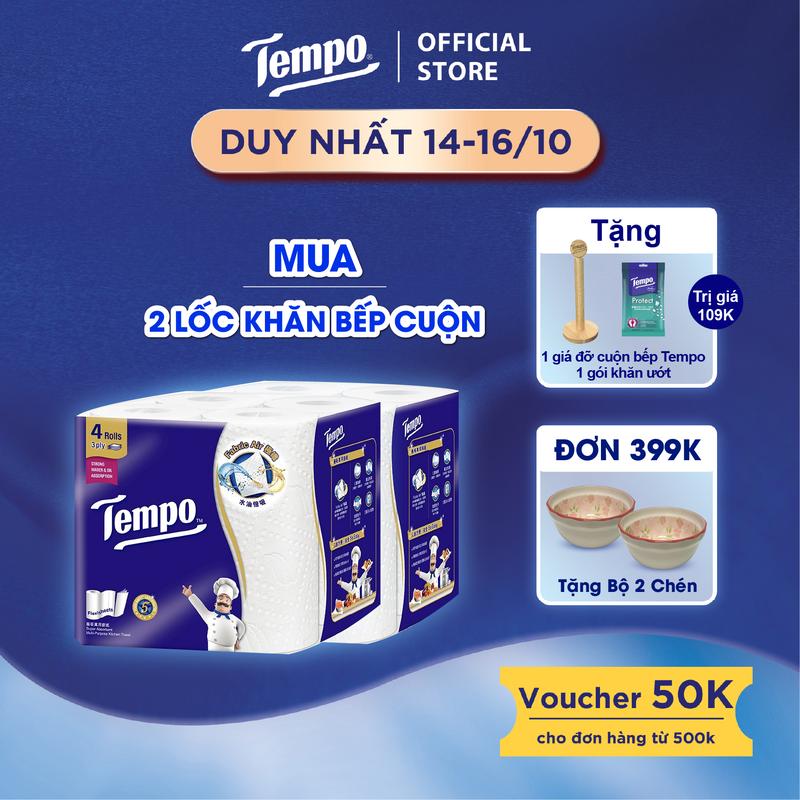 [MUA 2 LỐC GIẤY BẾP CUỘN TẶNG 1 GIÁ ĐỠ BẾP TEMPO]  Khăn Giấy Bếp Cuộn Đa Năng Siêu Thấm Tempo ( Lốc 4 Cuộn)