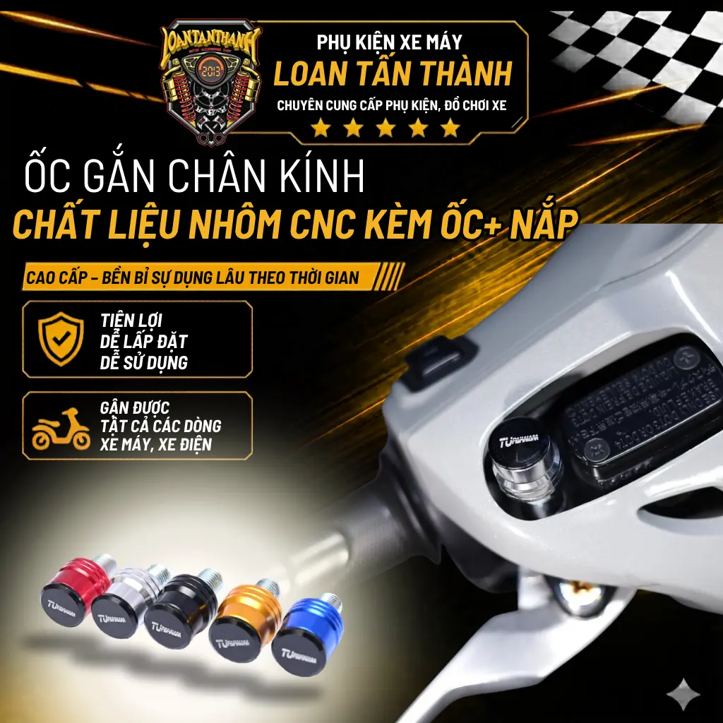Ốc Gắn Chân Kính Gương Chất Liệu Nhôm CNC Kèm Ốc và Nắp Đầy Đủ Phù Hợp Cho Mọi Loại Xe Máy Xe Điện .