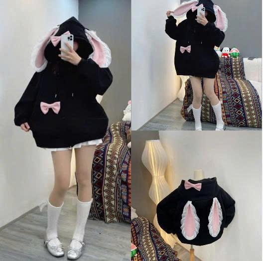  Áo khoác nỉ hoodiezip form boxy tai thỏ dài phối ren cho nữ mặc hè  thu đông đều được 