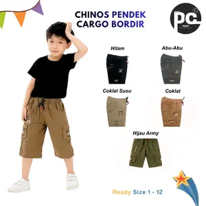Celana Chinos Cargo Pendek Anak Bordir Motif Usia 1-12 Tahun - Bahan Chinos Twill Anak-Anak laki