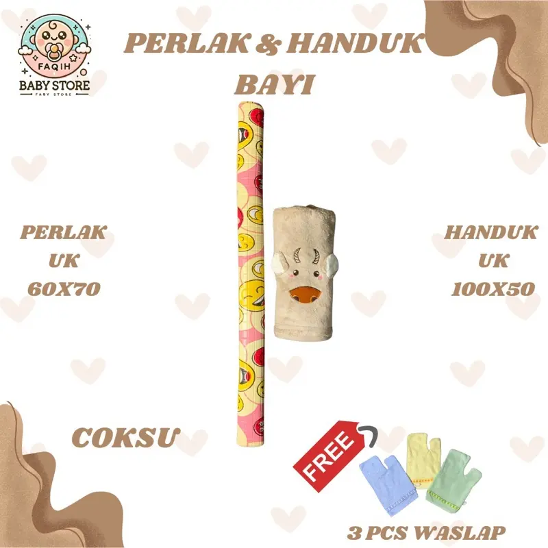 ￼PAKET HEMAT HANDUK BAYI 50cmX100CM + PERLAK BAYI 60x70CM FREE 3PCS WASLAP ~ Faqih Baby Store 2