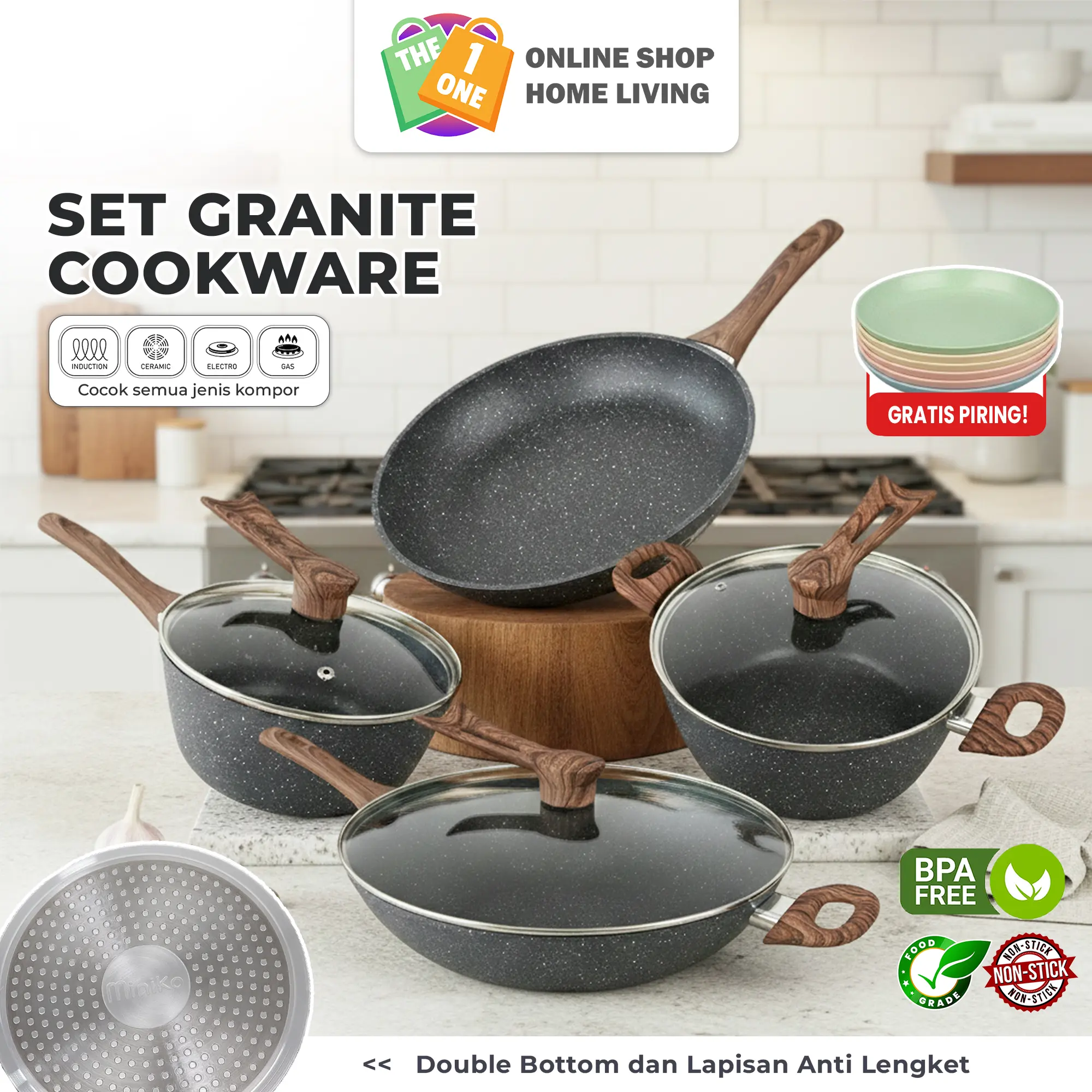 [FREE PIRING] Paket Cookware Granit Coated Anti Lengket Handle Bakelite Silikon Anti Leleh | Set Masak Premium Kitchenware