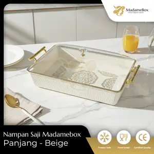 MadameBox Nampan Saji Kue 6000 ml dengan Tutup Kristal & Handle Emas Tray Estetik Warna Beige Elegan untuk Lebaran Natal Imlek Hidangan Tamu Kue Buah Snack