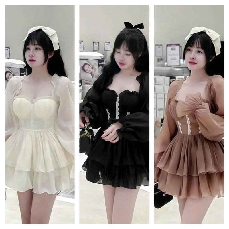 Đầm vay nữ voan thiết kế tay phồng cổ vuông [có mút ngực ]  có lót quần dáng xòe dày xinh xắn dành cho các nàng diện đi chơi đi tiệc