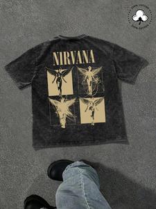 メンズ 100%コットン ニルヴァーナバンドプリントTシャツ、ヴィンテージウォッシュデザイン、ストリートウェア ユニセックス 半袖、カジュアル ゆったりフィット、オールシーズン