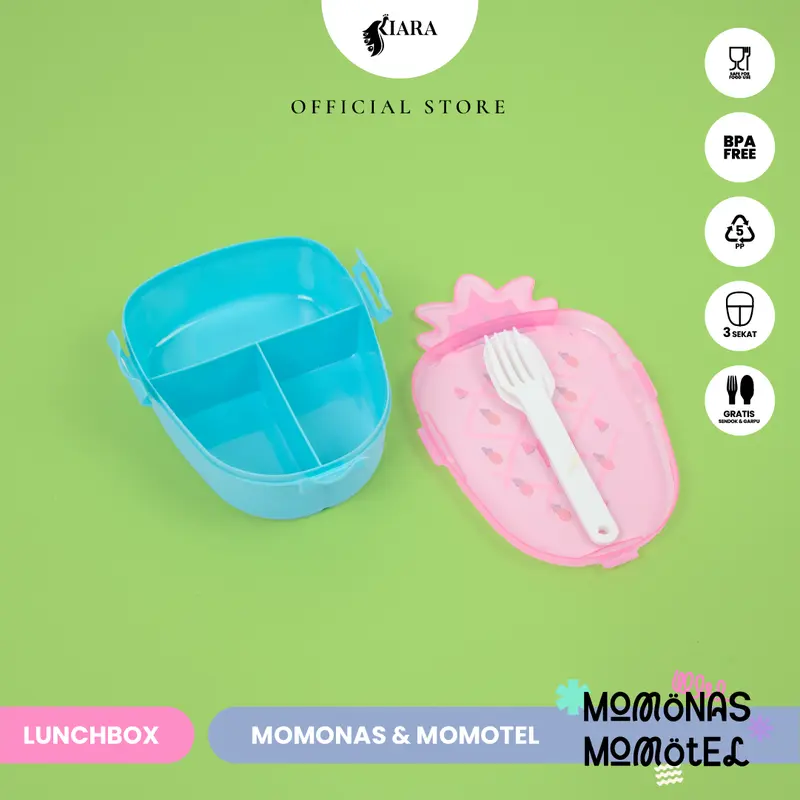 Kiara Lunch Box Momotel & Momonas Kotak Makan Kotak Bekal Anak Sekolah Karakter Lucu Gratis Sendok Garpu 100% BPA Free dan Food Grade Plastik Nanas 7