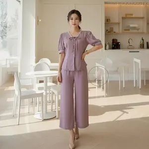 AC | [PRE-ODER] One Set Yudas Setelan Knit Waffle Atasan Lengan Pendek Dan Celana Panjang Wanita Polos Casual Simple