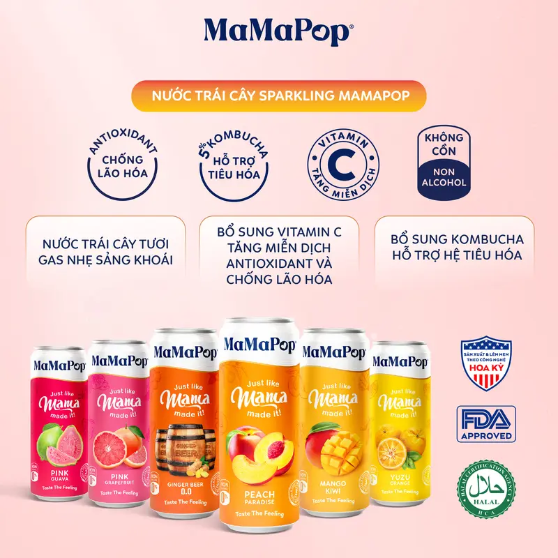 Mamapop thùng 12 lon nước trái cây sparkling vị Bưởi Hồng 330ml 1