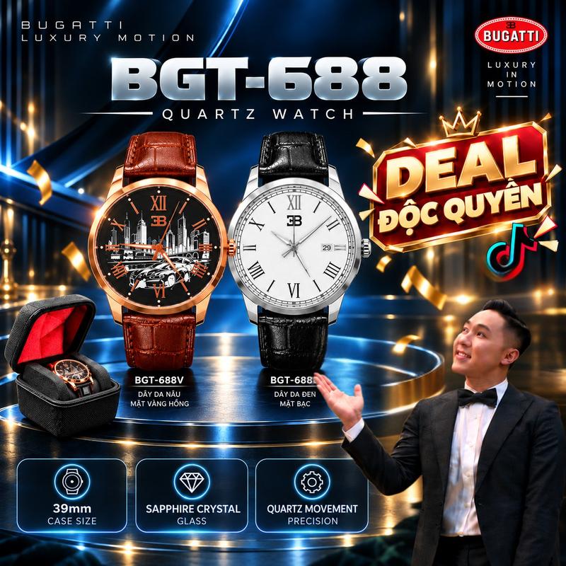 [ĐỘC QUYỀN LIVE - VBB] BUGATTI BGT-688 Đồng Hồ Nam Quartz Dây Da 39mm, Kính Sapphire, Lịch Ngày, Dạ Quang