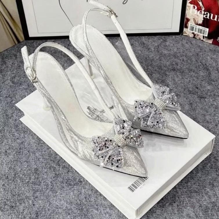 Giày cao gót nhũ kim tuyến nữ mũi nhọn nơ đá bướm Quai hậu sandal 5cm, 8cm. CÓ SIZE 40 sandal (33)