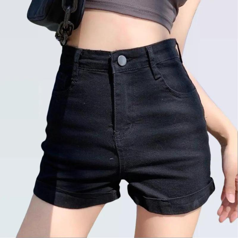 Quần shorts kaki jean nữ cạp cao lật lai thời trang lưng cao tôn dáng Denim Pants Women Ong Màu Trắng Có Túi đùi dạ