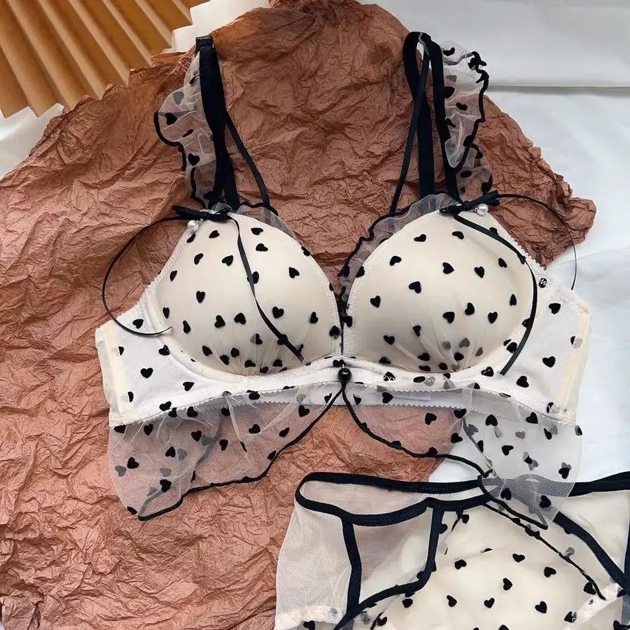Polka dot mesh lingerie pull together a no-wire sexy bra cover set