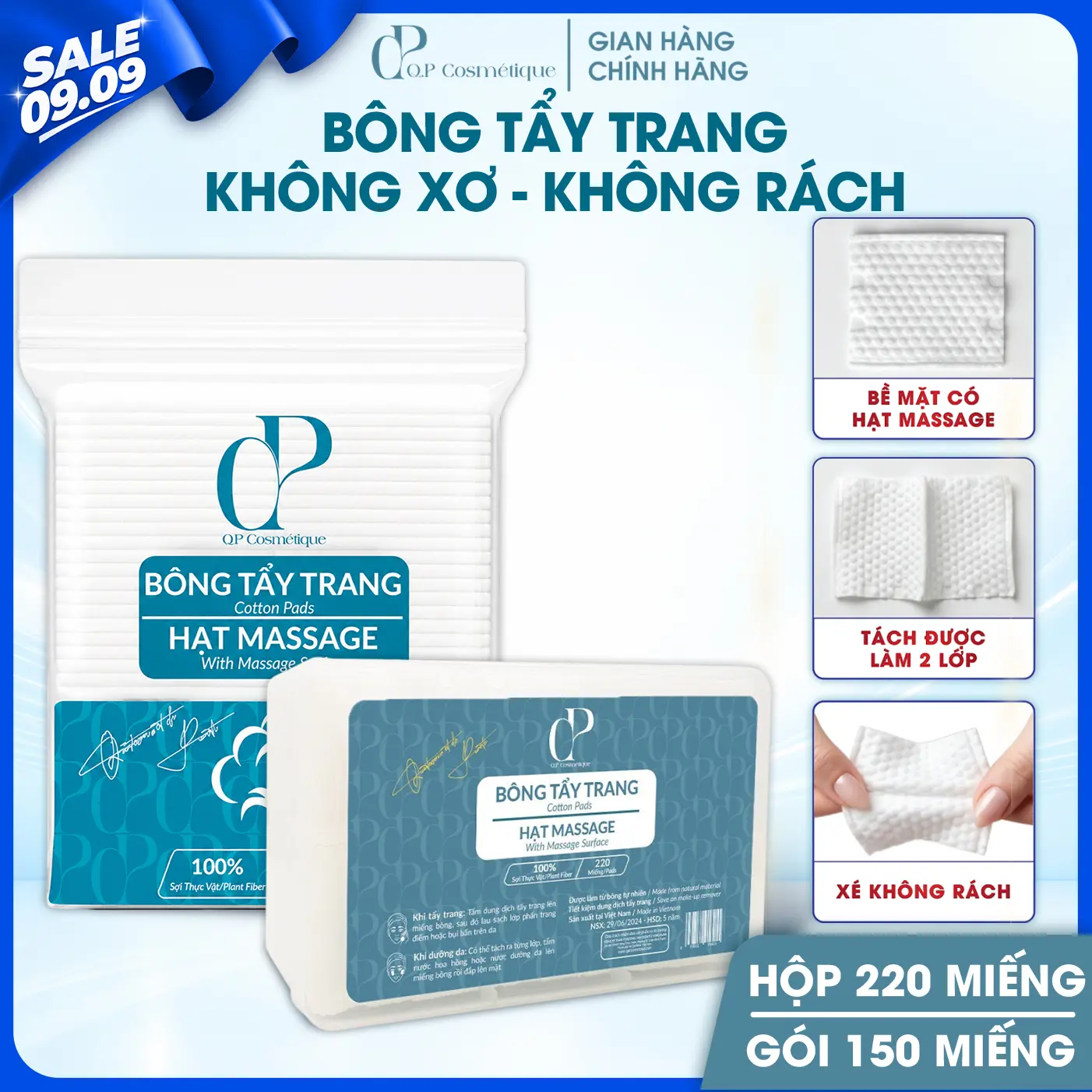 Bông Tẩy Trang Quốc Dân Ép Định Hình Q.P Cosmétique Không Xơ Rách, Hạt Massage Sạch Sâu