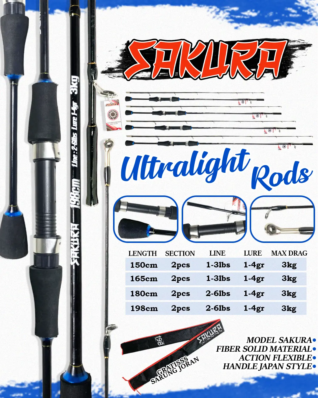 Joran Ultralight Sakura Bahan Fiber Solid joran ul Lure 1-4gr Pancing