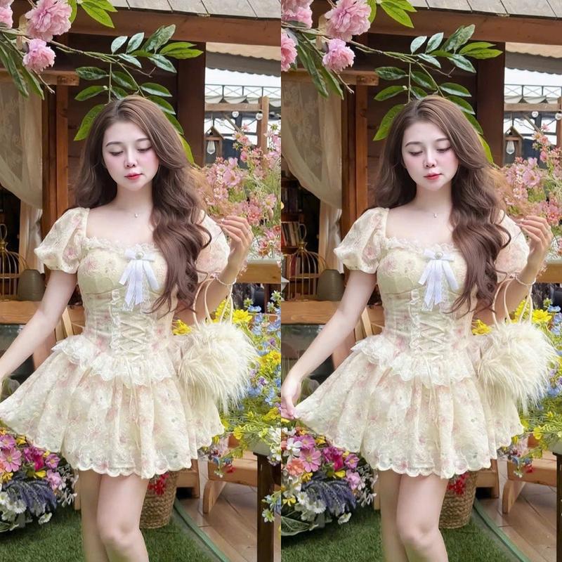 Đầm váy nữ voan hoa thiết kế tay phồng cổ vuông phối ren thân dưới form ngắn dáng xòe xinh xắn sang chảnh dành cho nàng diện di chơi,di tiệc.women top