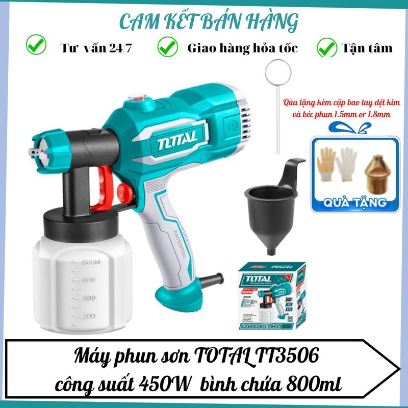Máy phun sơn dùng điện TOTAL TT3506 800ml  ( mẫu mới ) tặng kèm 1 đầu béc 1.5 hoặc 1.8mm và cặp găng tay