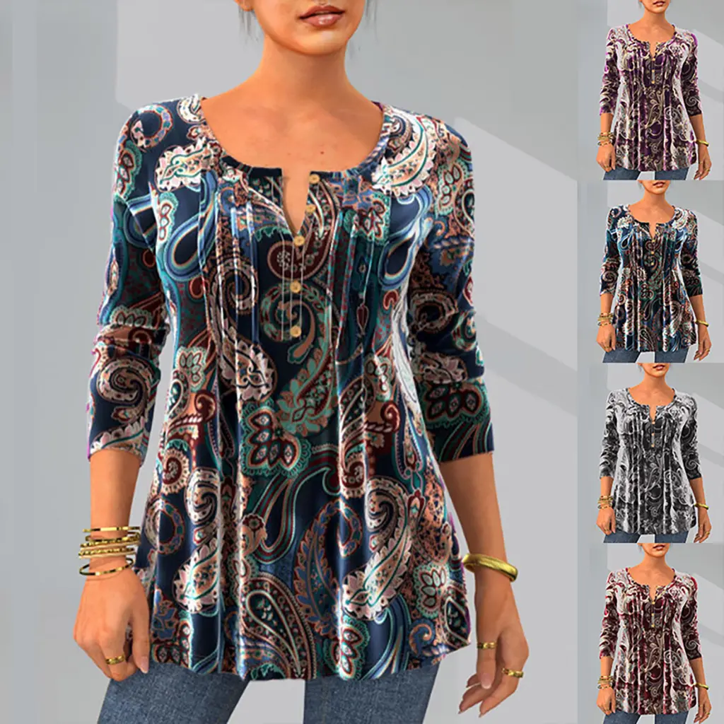 GY- Women Top Long-sleeve Tops Vintage Print A-line Blouse for Women Stylish Fall/spring Top with Long Sleeve and Button Detail Soft Pullover T-shirt for Daily Wear