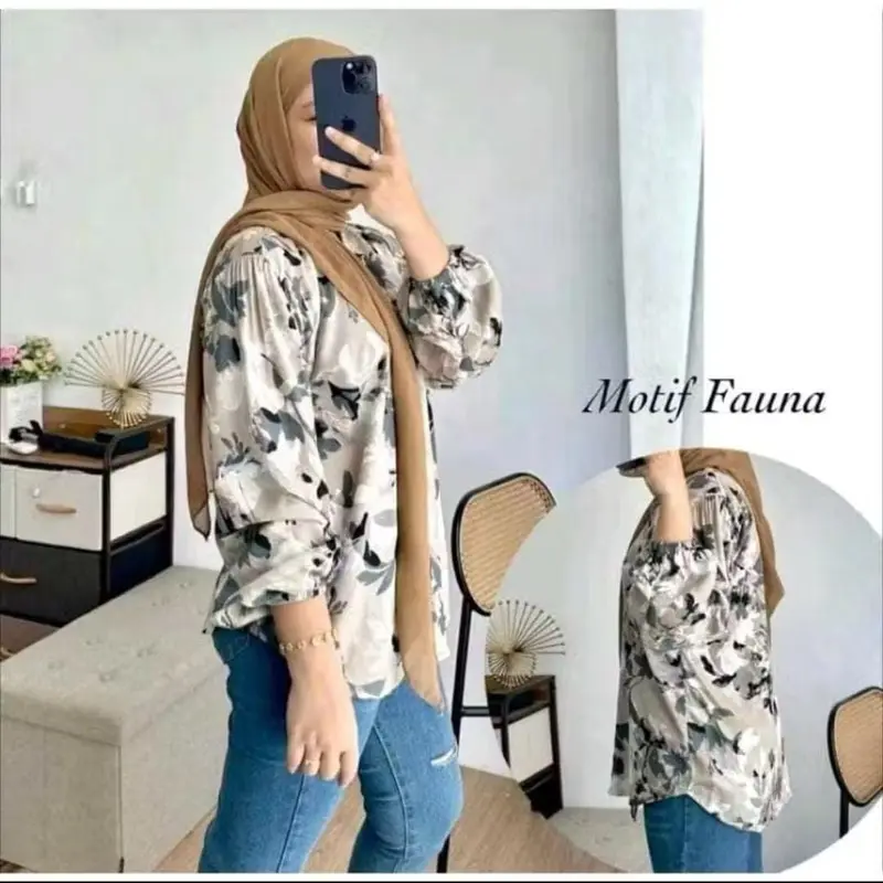 Kemeja Wanita Oversize Shirt Rayon Motif Premium - Kemeja Basic Blouse Lengan Karet 8