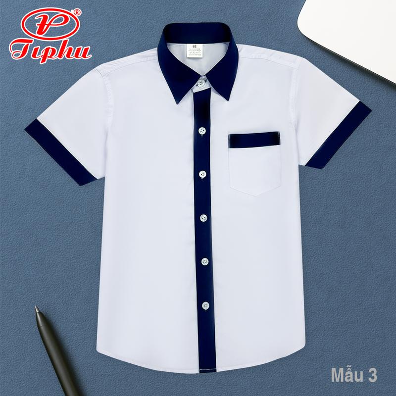 Áo sơ mi tay ngắn cho bé trai đi học, màu trắng viền nẹp cổ xanh đen, vải kate, có túi, size từ  20-80 kg