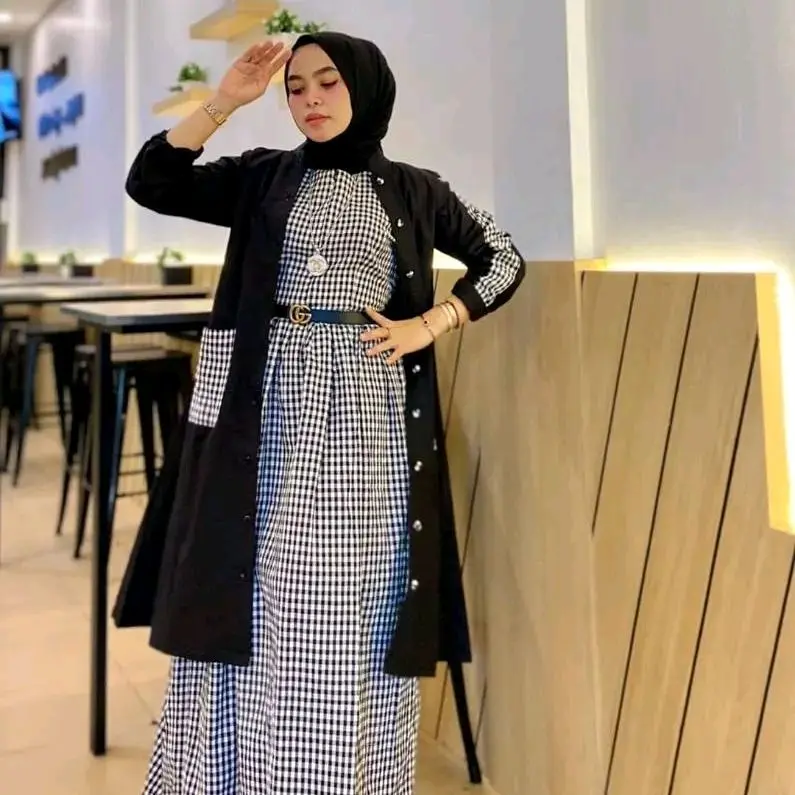 Baju Gamis Wanita Muslimah Ahza Set Linen Rami Mix Katun Kotak Kotak Dress Set Outer Kardigan Busui Kancing